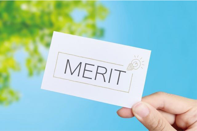 青空と葉を背景に「MERIT」の文字